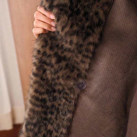 Multicolor Preppy Women's Lapel Collar Leopard Faux Fur Coat - Picture 6 of 8